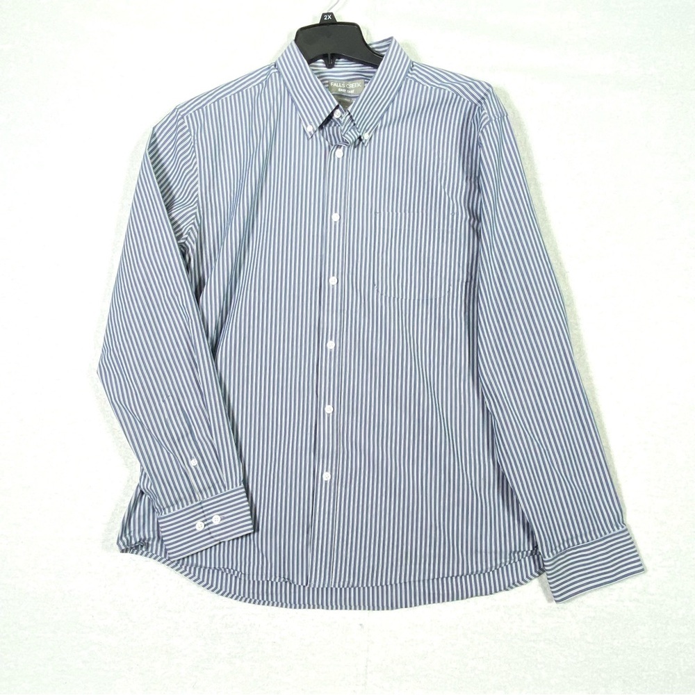 Falls Creek Easy Care Tailored Fit Men's XL Blue White Striped Button Up Shirt